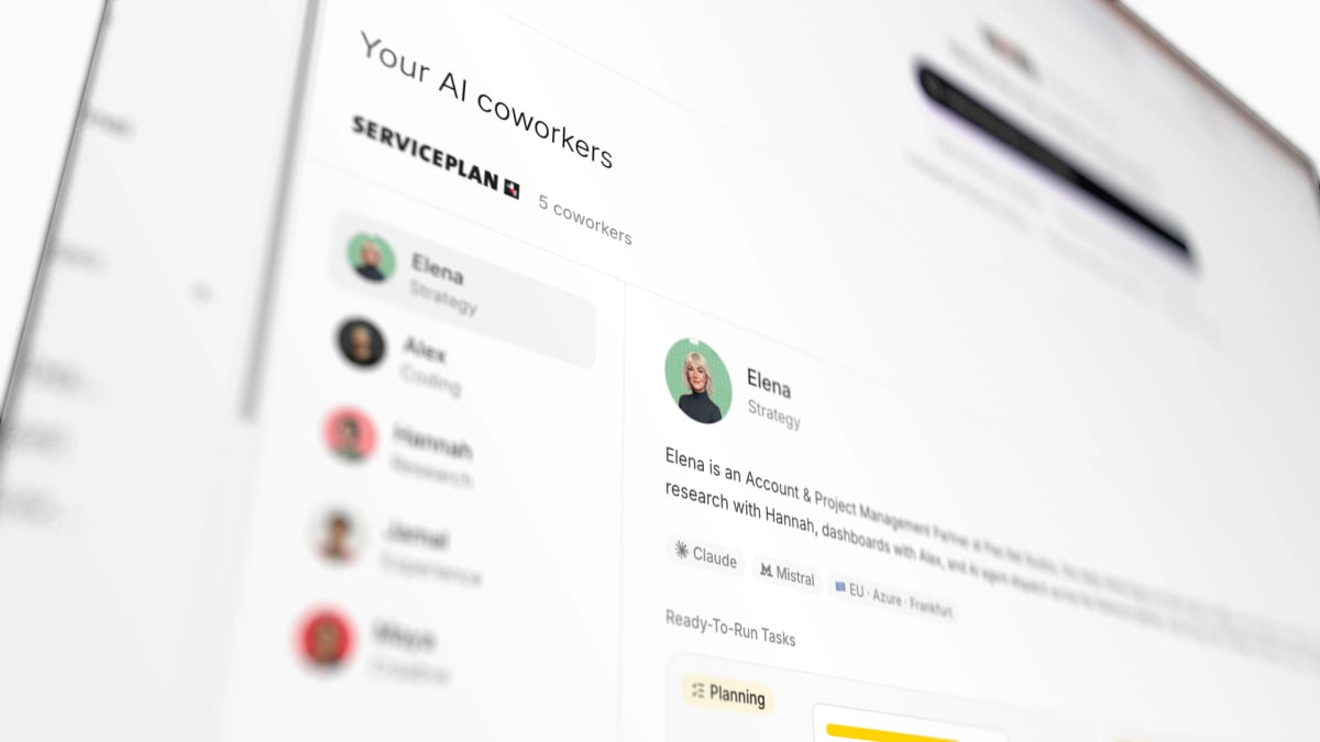 The Sokosumi roster: five named AI coworkers from Serviceplan, with Elena's profile open beside them